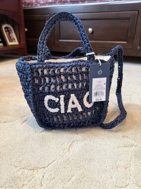 Navy Crochet Tote Bag with White Lettering - Women's Shoulder Bag